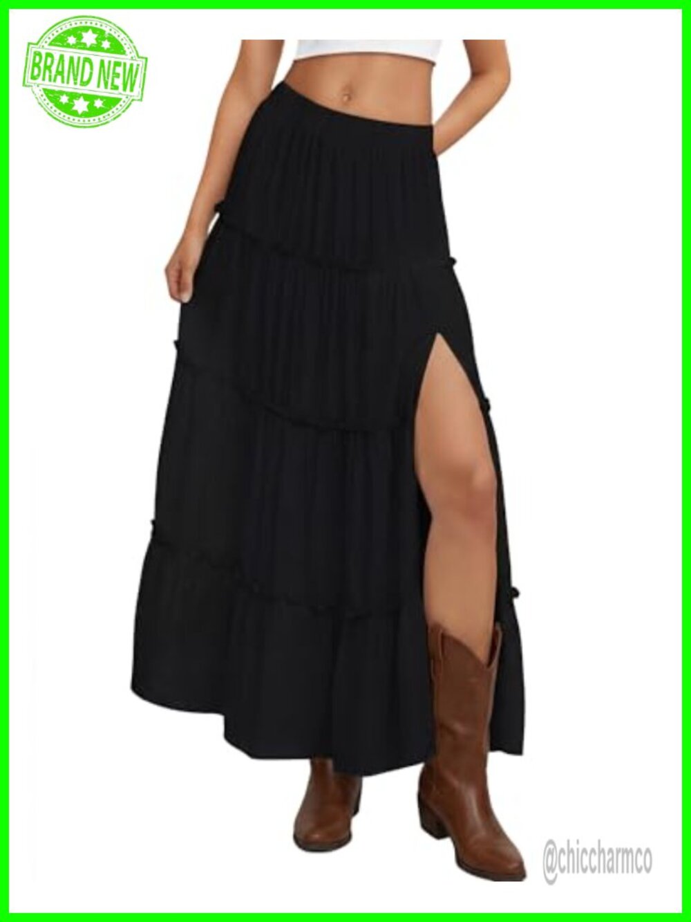 Tiered Ruffle Maxi Skirt Elastic Waist High Slit Pockets Flowy Casual